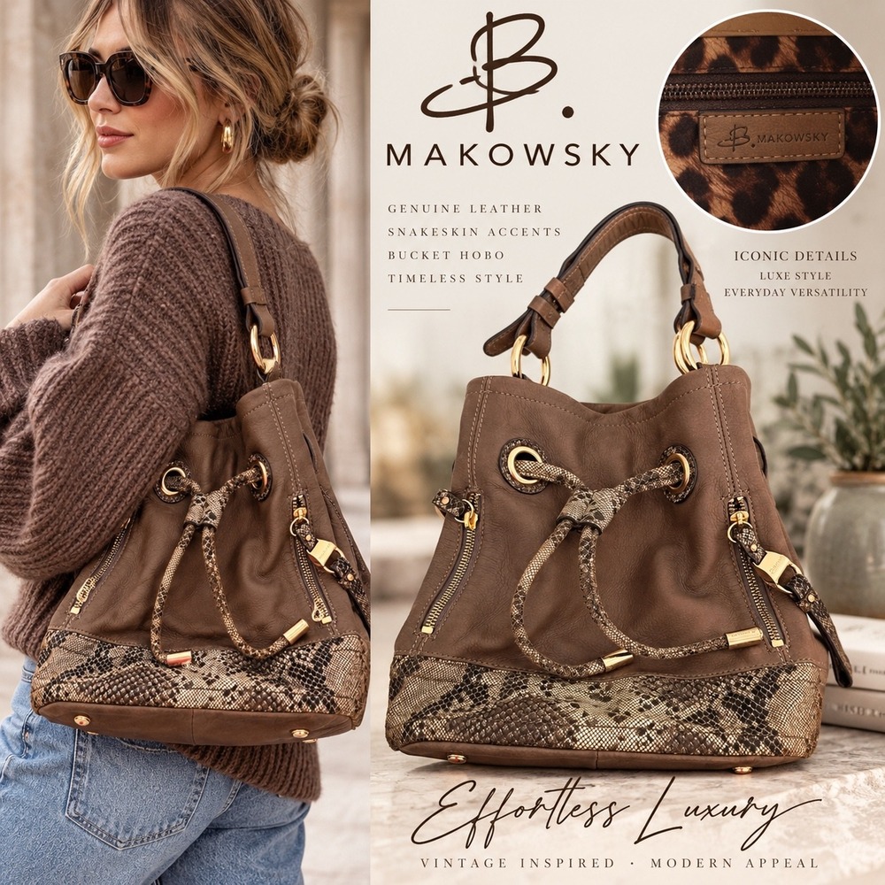 B Makowsky Brown Leather Snakeskin Bucket Hobo Shoulder Bag Drawstring